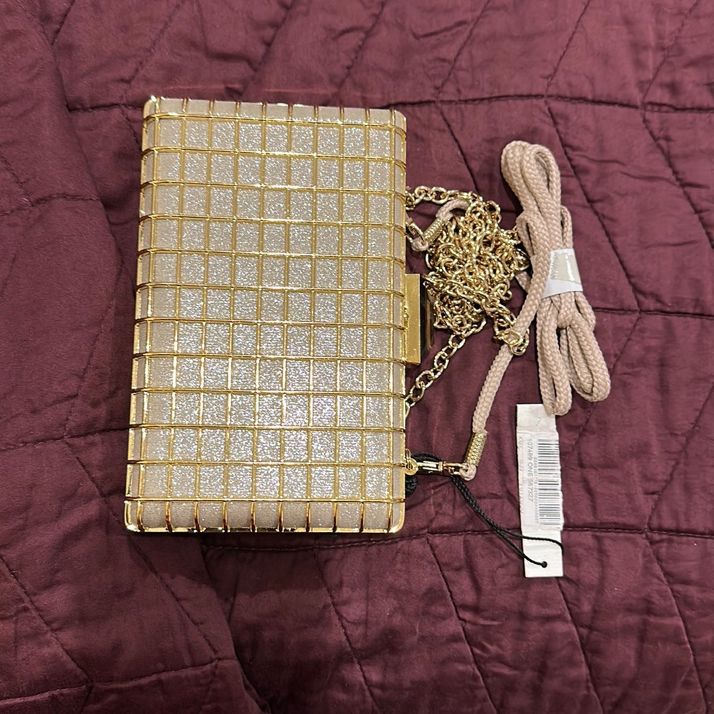 Kate Landry new with tag clutch gold silver metallic cage style